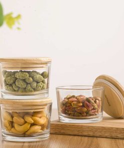 پک 3عددی ظرف شیشه ای گرد 190 میلی لیتر کادویی درب چوبی 2210