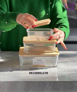 ست ظرف شیشه ای مستطیل شیاردار درب چوبی لیمون 2211