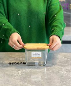 ظرف شیشه ای مستطیلی 920 میل درب چوبی
