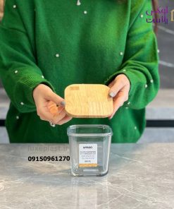 ظرف شیشه ای مربع 860 میلی لیتر درب چوبی کد 2189
