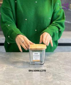 ظرف شیشه ای مربع 860 میلی لیتر درب چوبی کد 2189