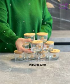 ظرف شیشه گرد 190 میلی درب چوبی کد 2210