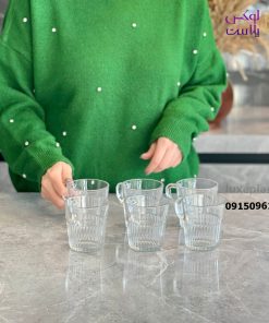 لیوان شیشه ای 6 عددی دسته دار شیاردار لیمون