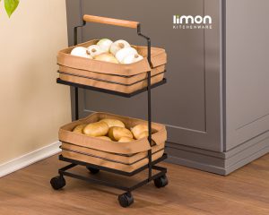 جا سیب زمینی و پیاز فلزی 2 طبقه دسته چوبی 2324