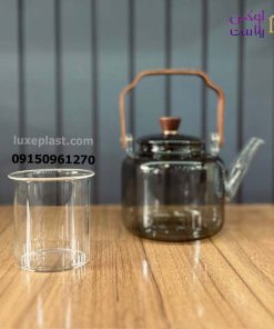 قوری پیرکس دودی دسته چوبی