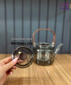 قوری پیرکس دودی دسته چوبی