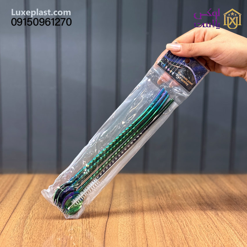 نی شربت استیل 7 رنگ همراه نی شور کد 2028