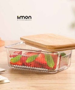 ظرف شیشه شیاردار درب چوبی 450 میل لیمون کد 2190