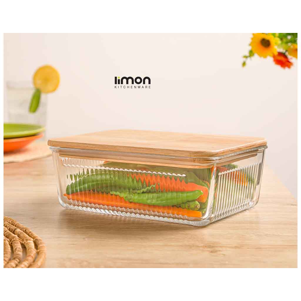 ظرف شیشه ای در چوبی 1.1 لیتر لیمون مدل شیاردار 2191