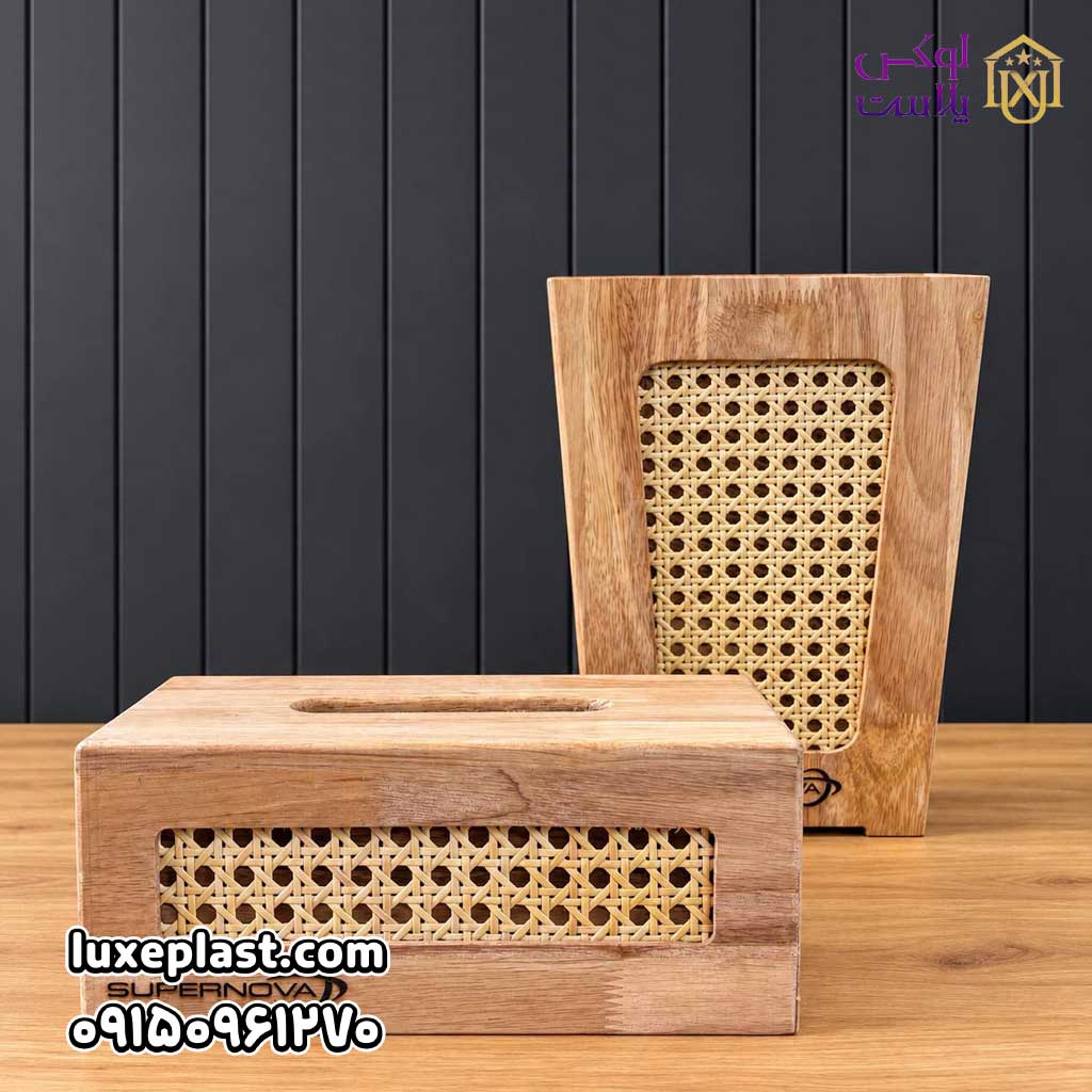 ست سطل و جادستمال کاغذی چوبی مدل حصیری 3949