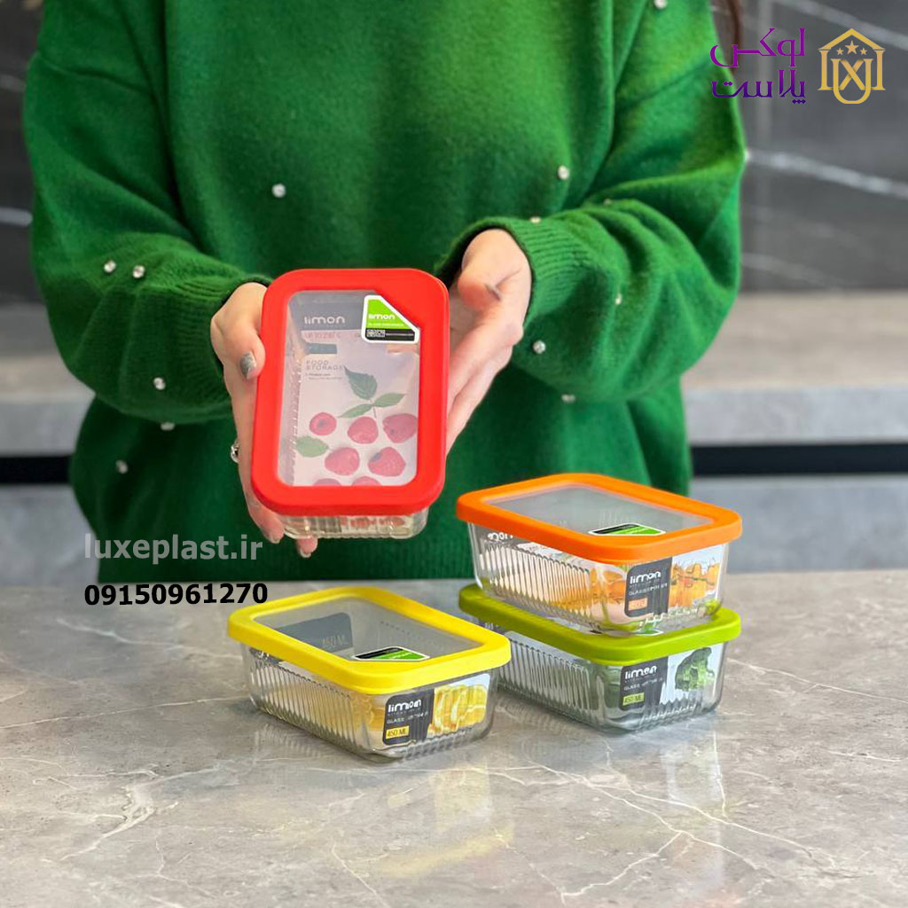 ظرف شیشه ای درب رنگی شیاردار 450 میل مدل مستطیل 2099 - Image 2