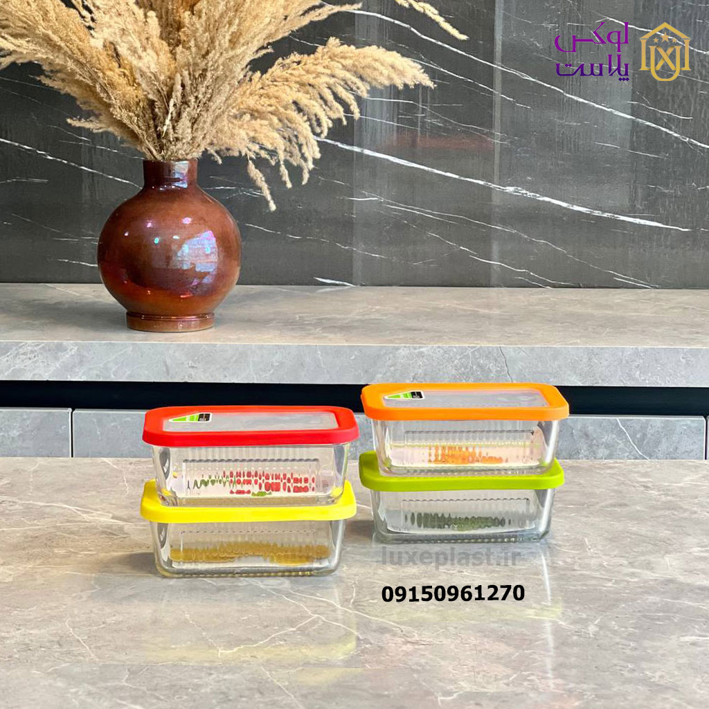 ظرف شیشه ای درب رنگی شیاردار 450 میل مدل مستطیل 2099 - Image 3